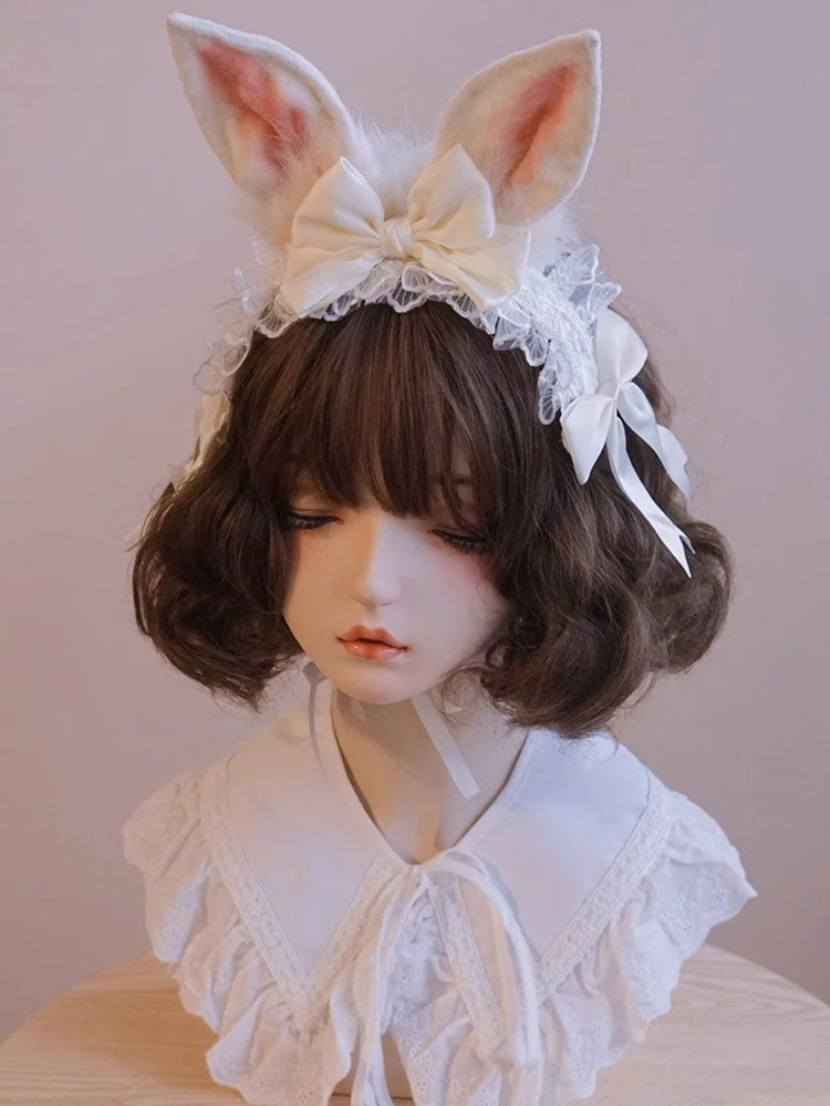 Cream Bunny Ear Lace Headband Pair