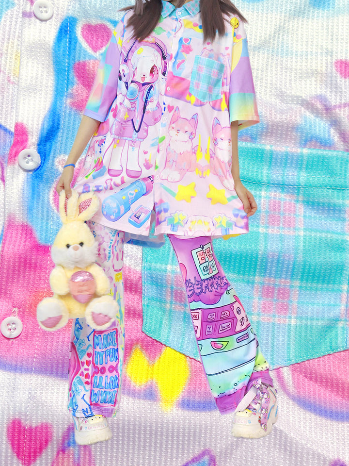 Kawaii Pastel Cartoon Button Up Shirt