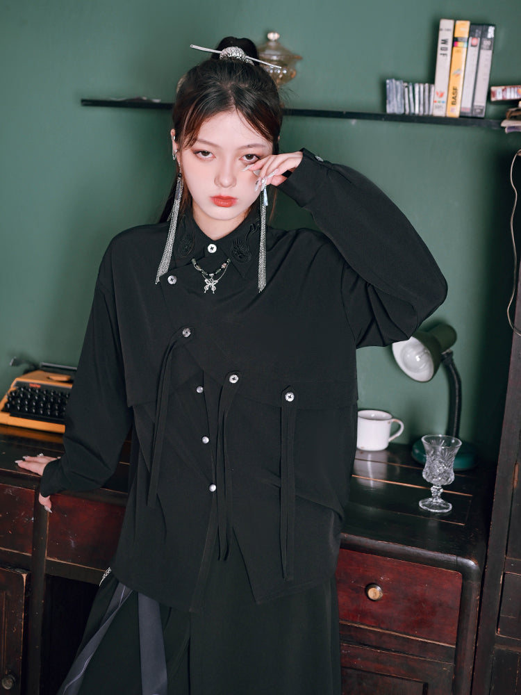 Dark-style asymmetrical embroidered shirt
