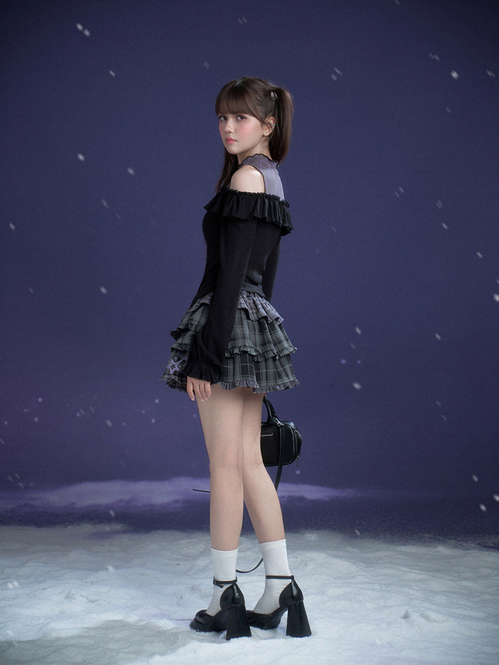 Black Purple Off-Shoulder Long Sleeve Top