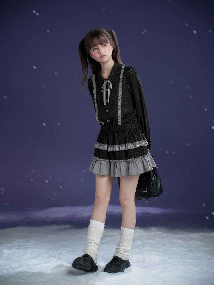 Dark Gray Polka Dot Ruffle Preppy Shirt Dress