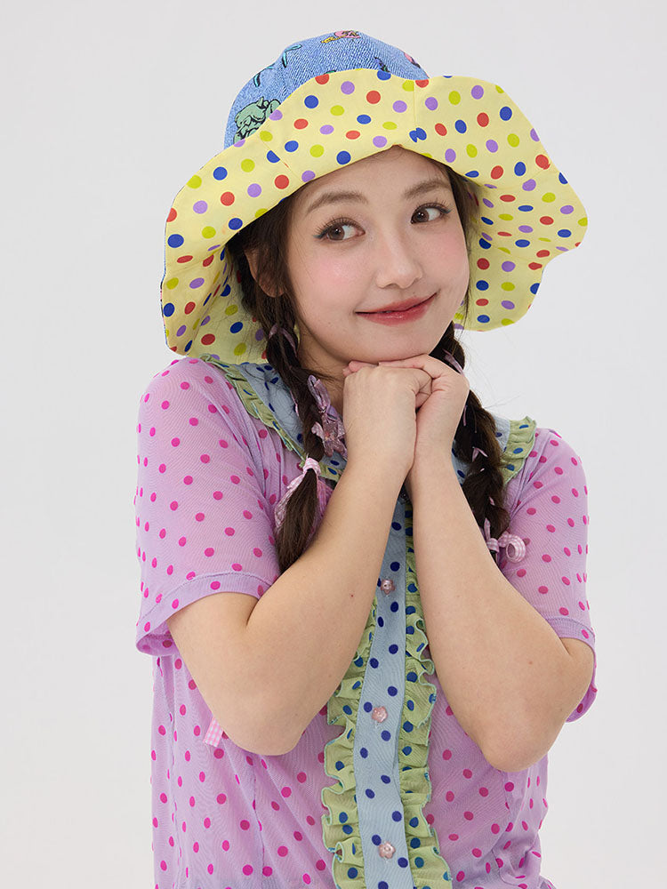 Blue Cartoon Polka Dot Wavy Bucket Hat