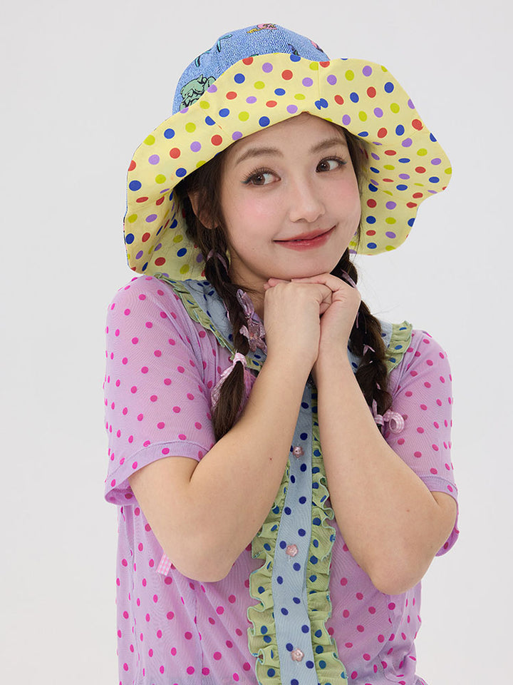 Blue Cartoon Polka Dot Wavy Bucket Hat