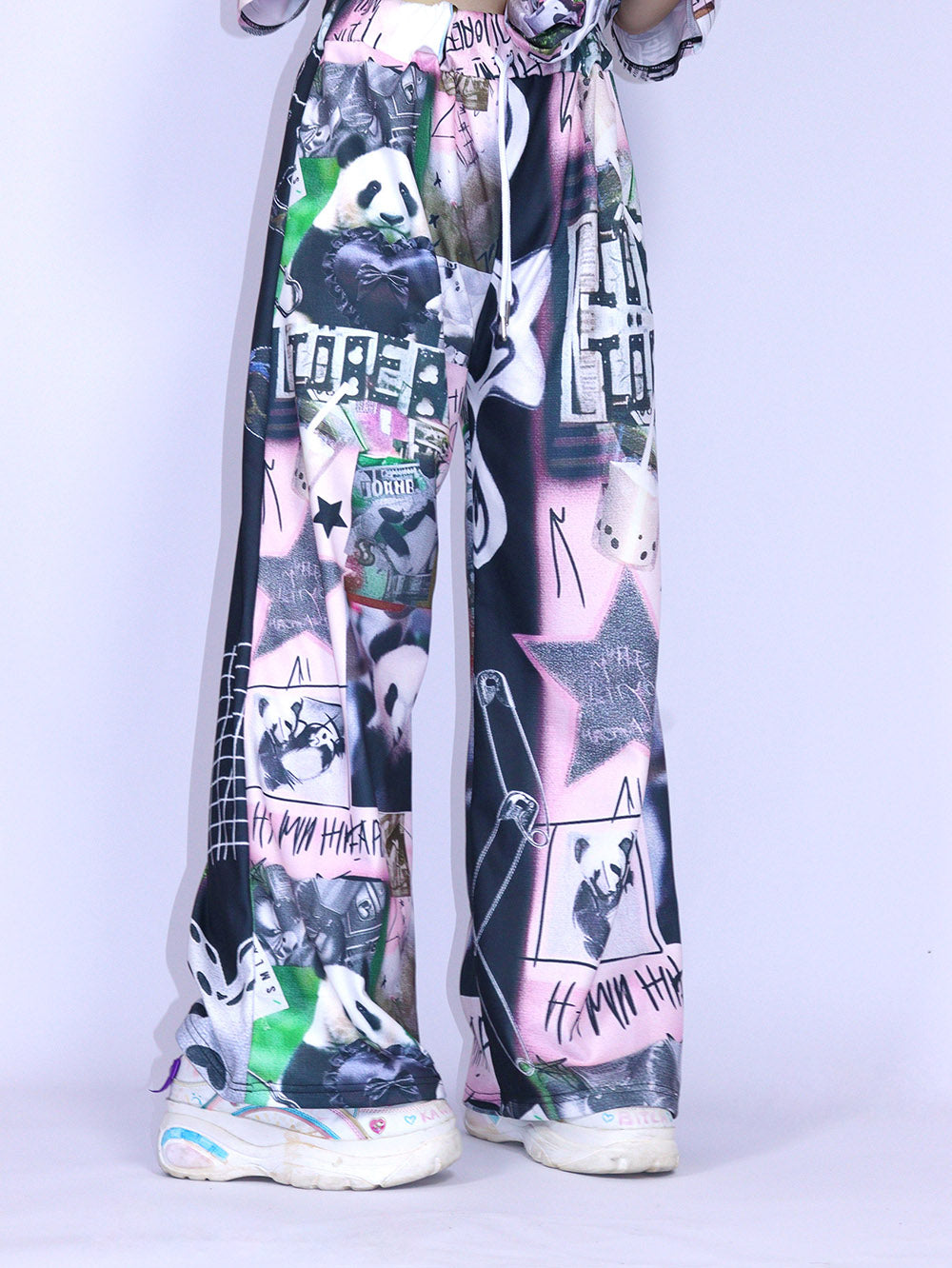 Black Pink Panda Graphic Wide Leg Pants