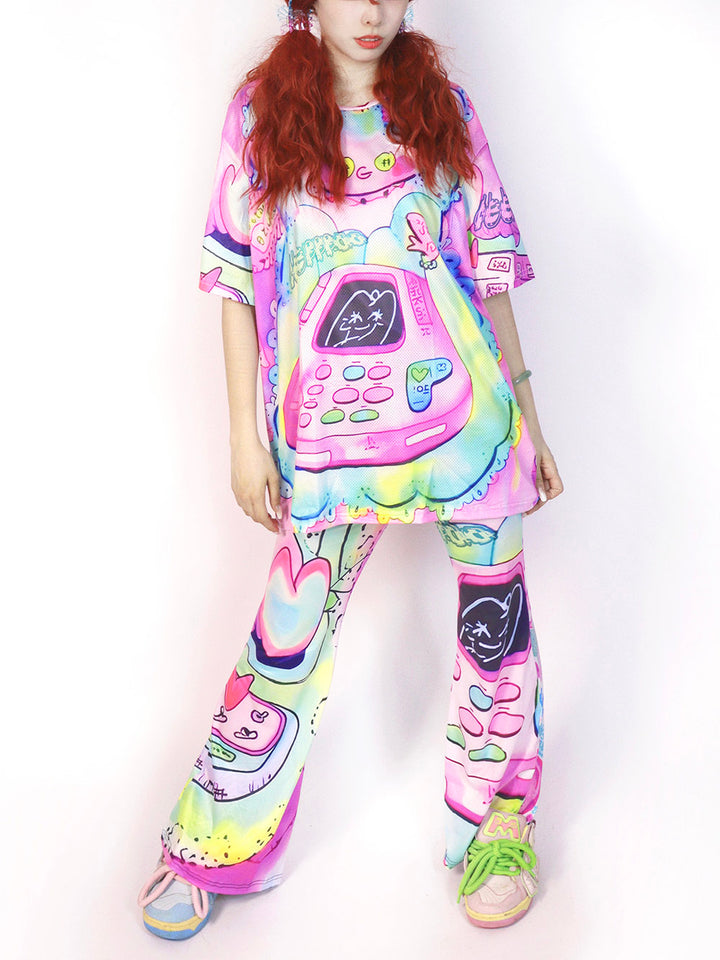 Y2K Pastel Phone Graphic Wide Leg Pants