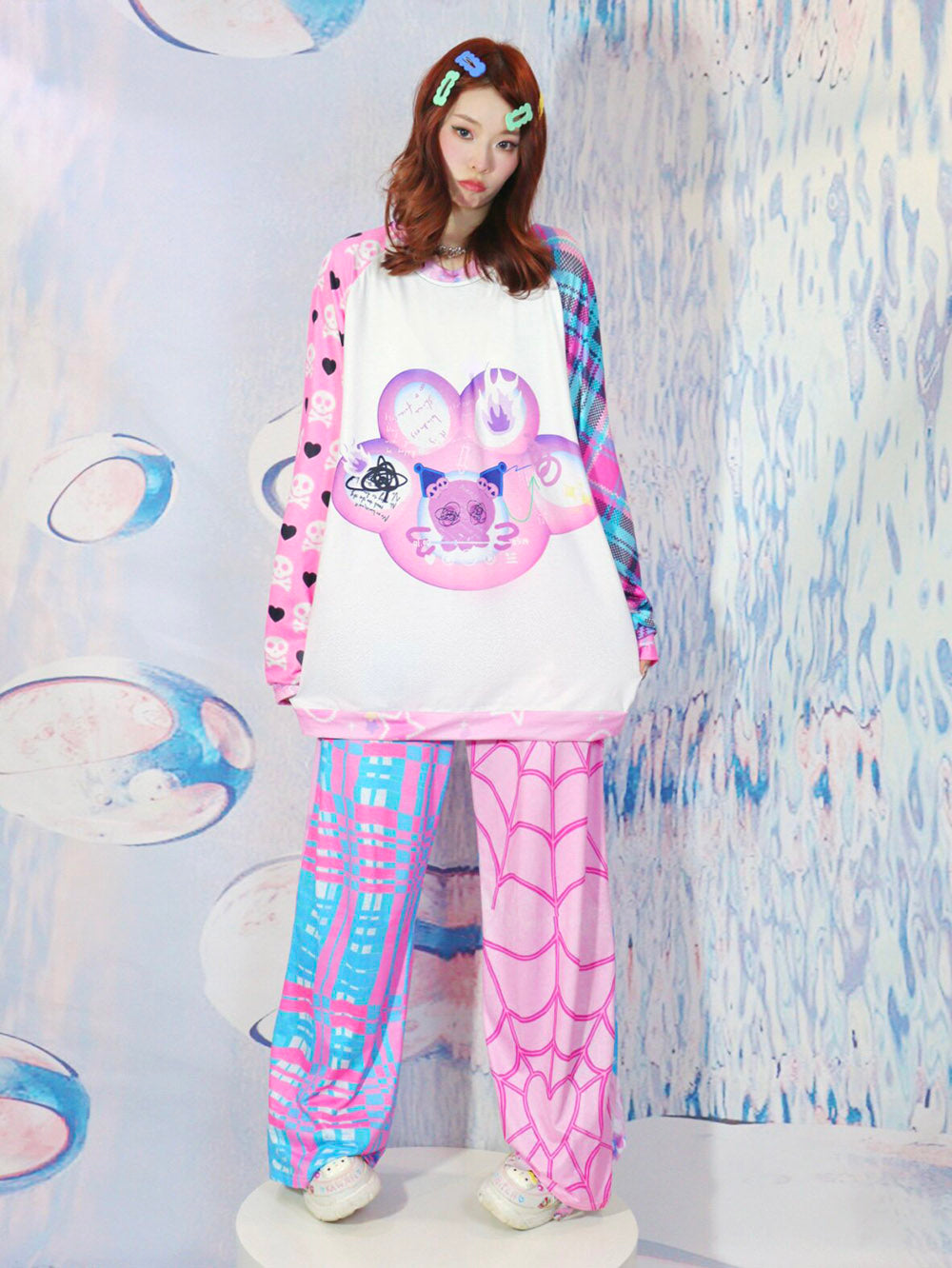 Y2K Pink Spiderweb Plaid Wide Leg Pants