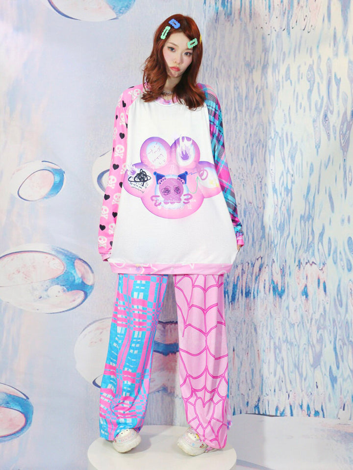 Y2K Pink Spiderweb Plaid Wide Leg Pants