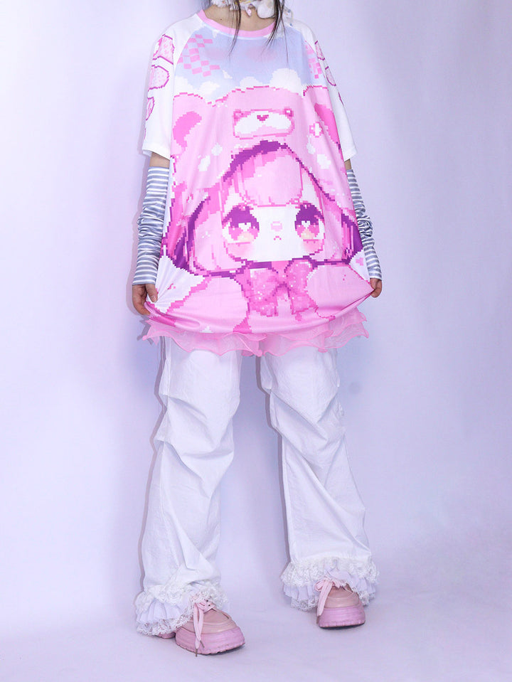 Pink Pixel Bear Girl Oversized T-Shirt