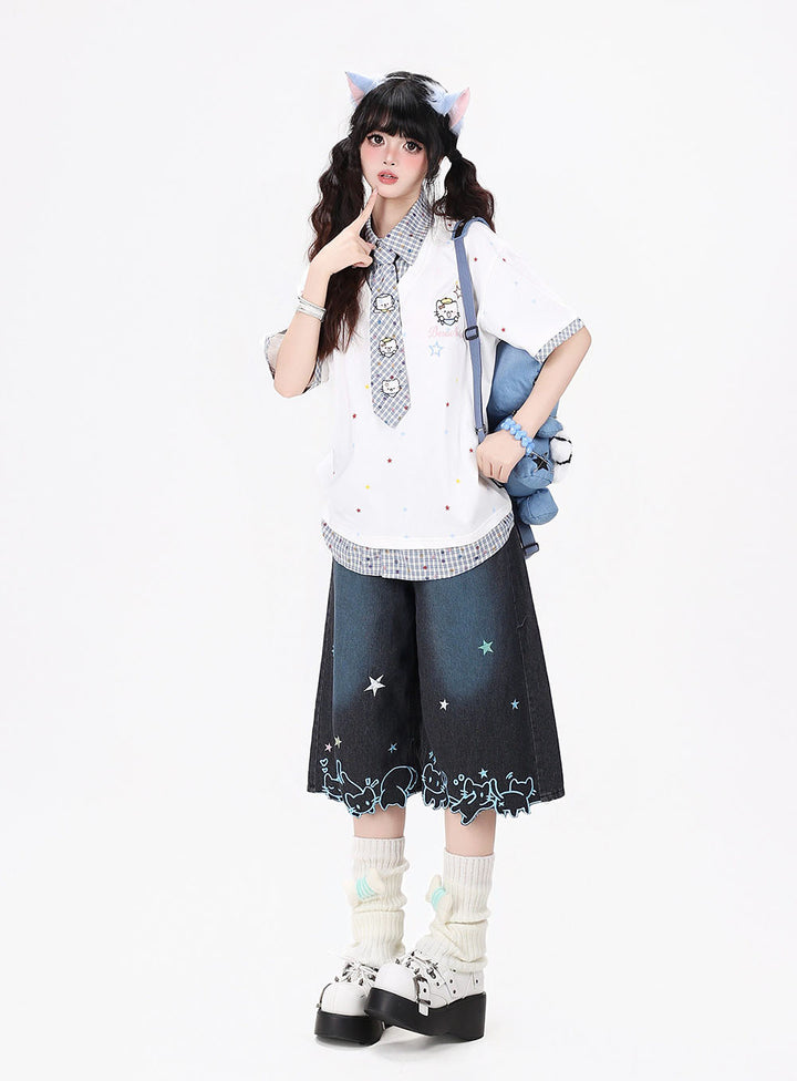 Star Print Collar Tie T Shirt