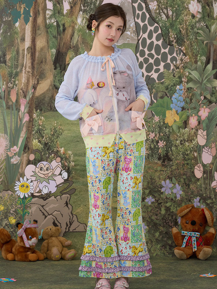Patchwork Animal Floral Ruffle Flare Pants