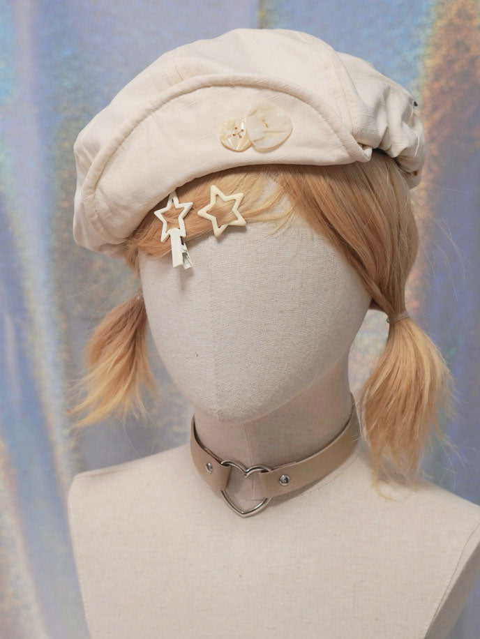 Cream Button Detail Casual Beret