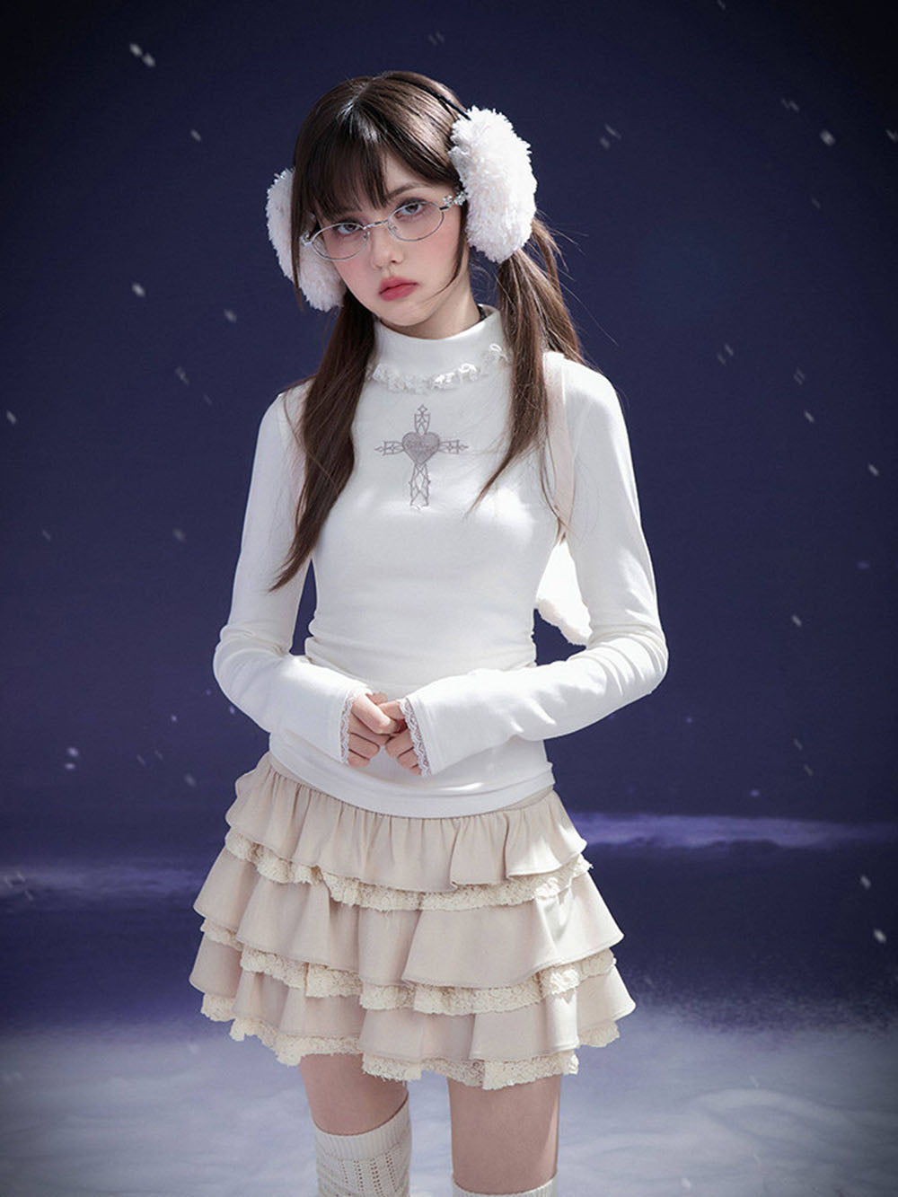 Cream Lace Trim Tiered Ruffle Mini Skirt