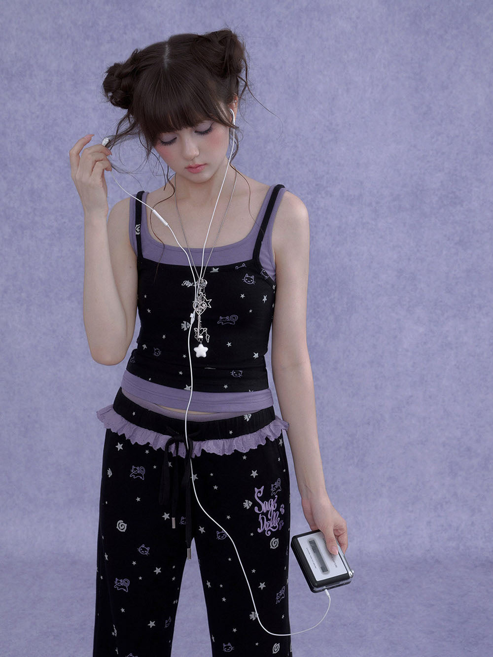 Black Cat Star Print Ruffle Wide Leg Pants