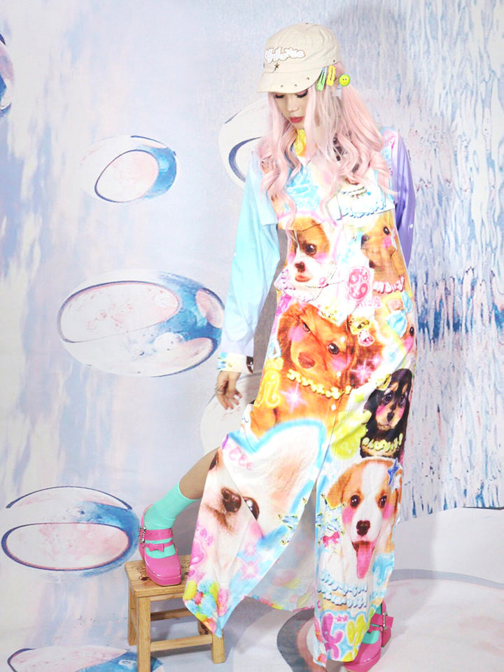 Multicolor Puppy Print Maxi Dress
