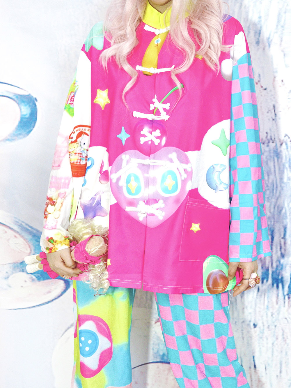 Pink Checkerboard Graphic Mandarin Collar Jacket