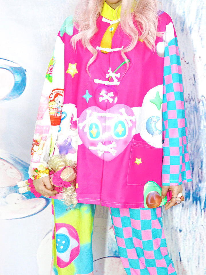 Pink Checkerboard Graphic Mandarin Collar Jacket