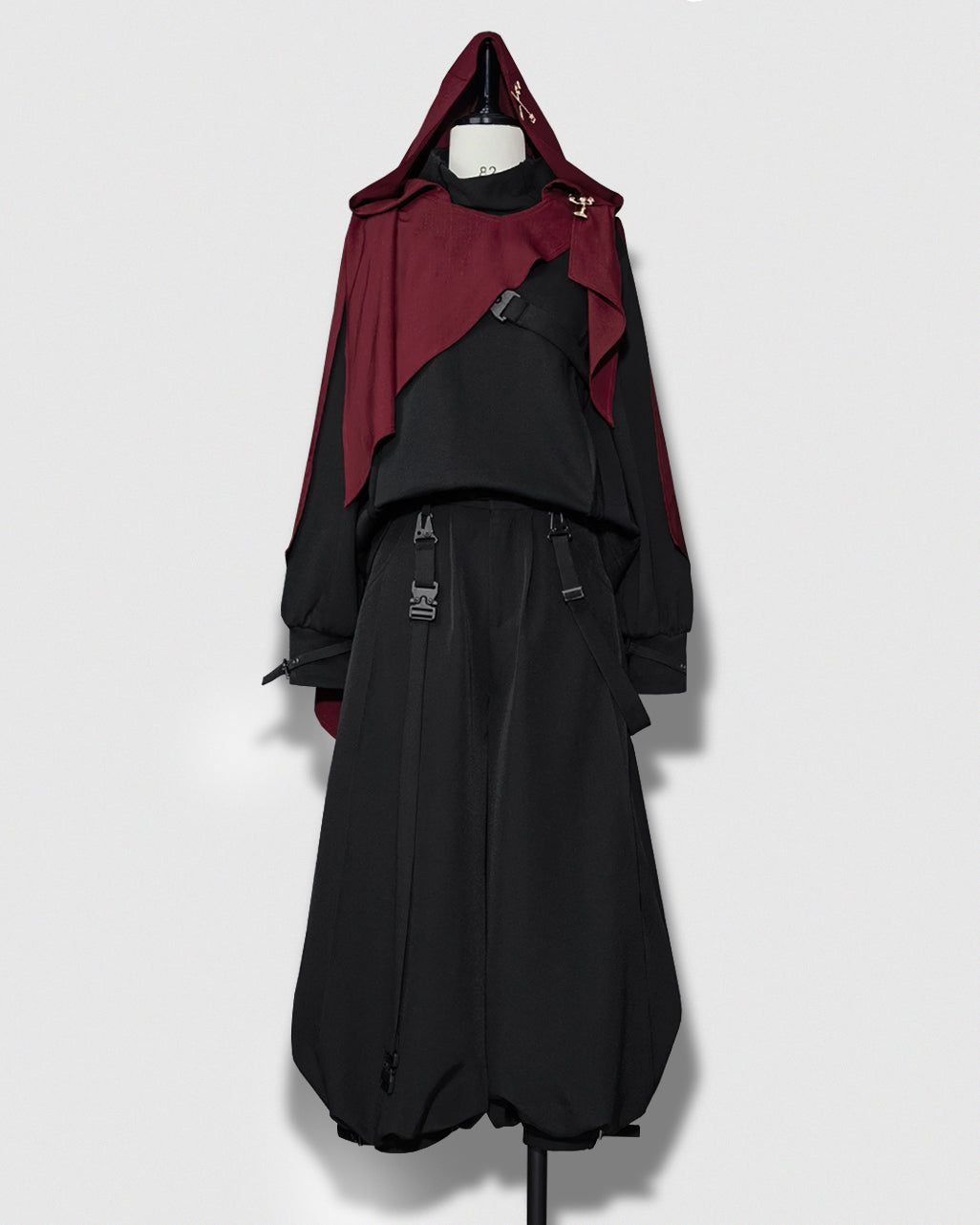 Stylish Burgundy Hooded Cape with Embellishments