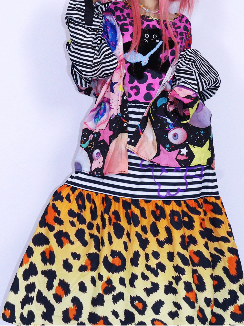 Pink Leopard Cat Patchwork Midi Dress