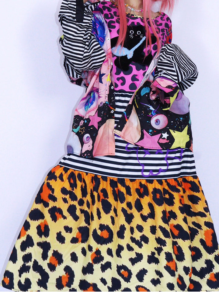 Pink Leopard Cat Patchwork Midi Dress