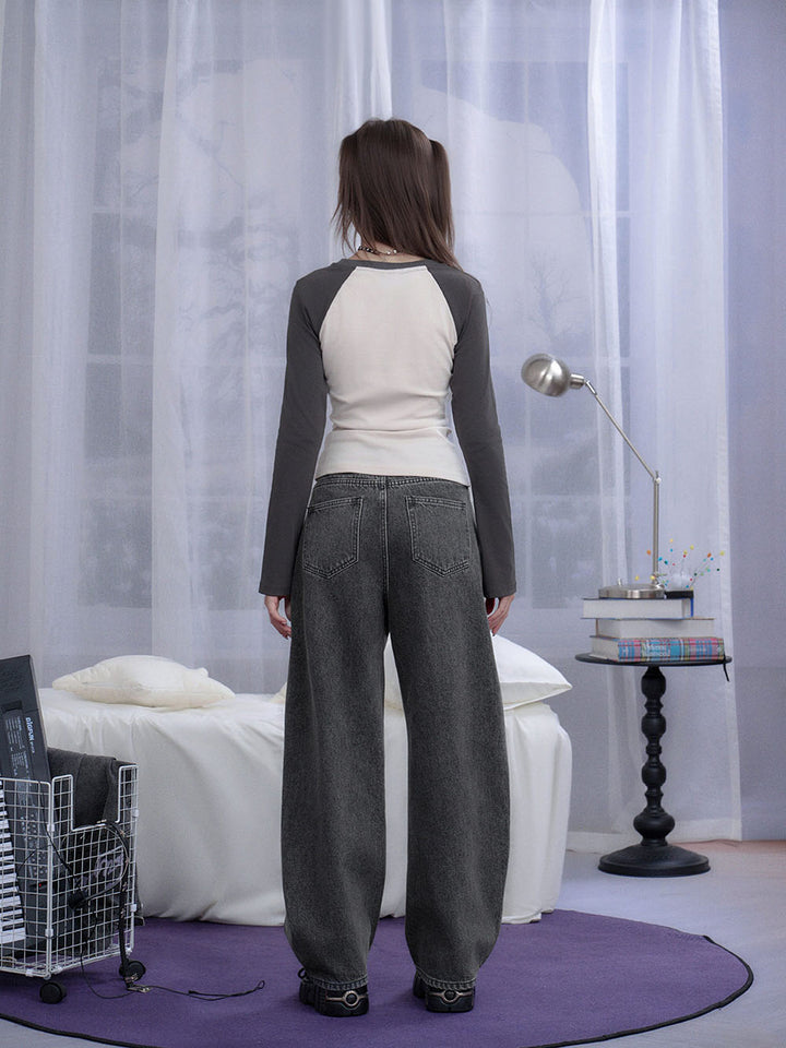 Dark Gray Plaid Star Wide Leg Jeans
