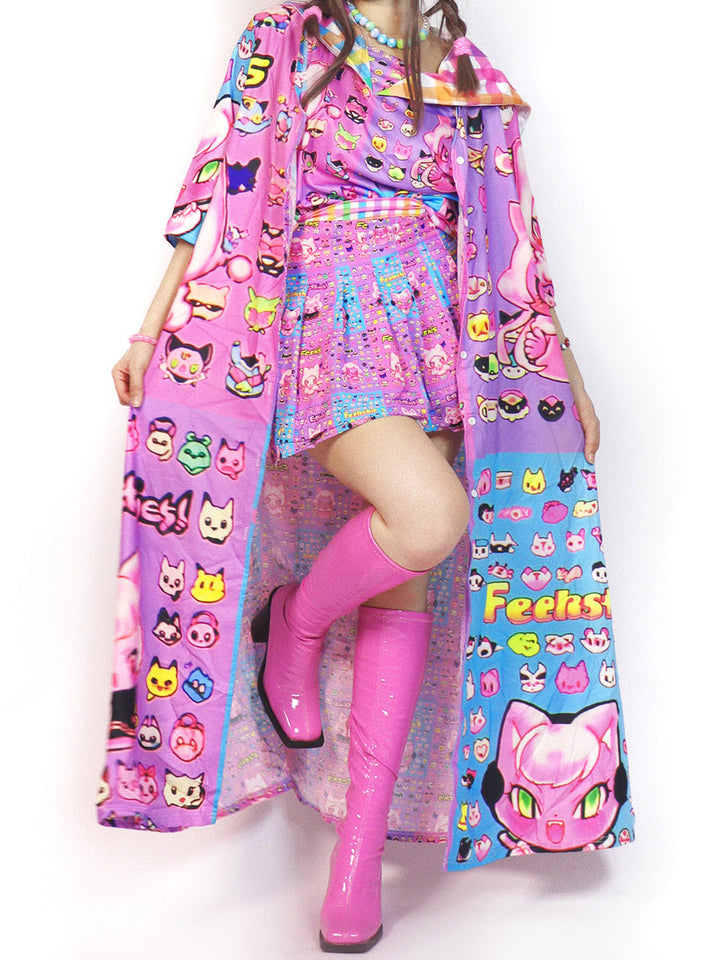 Kawaii Pink Cat Print Pleated Mini Skirt
