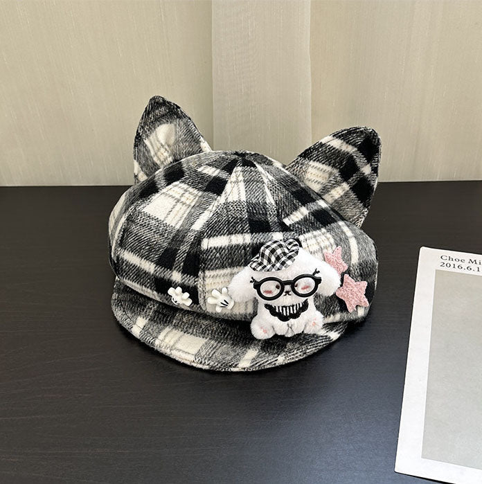 Plaid Kitten Ear Cap with Plush Puppy Detail