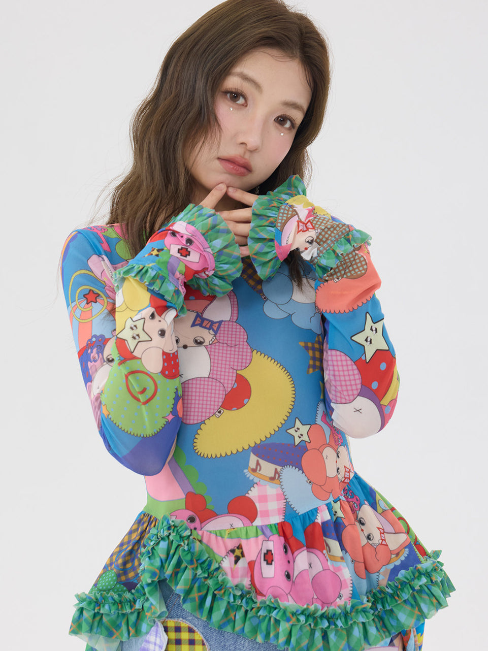 Colorful Cartoon Ruffle Layering Top