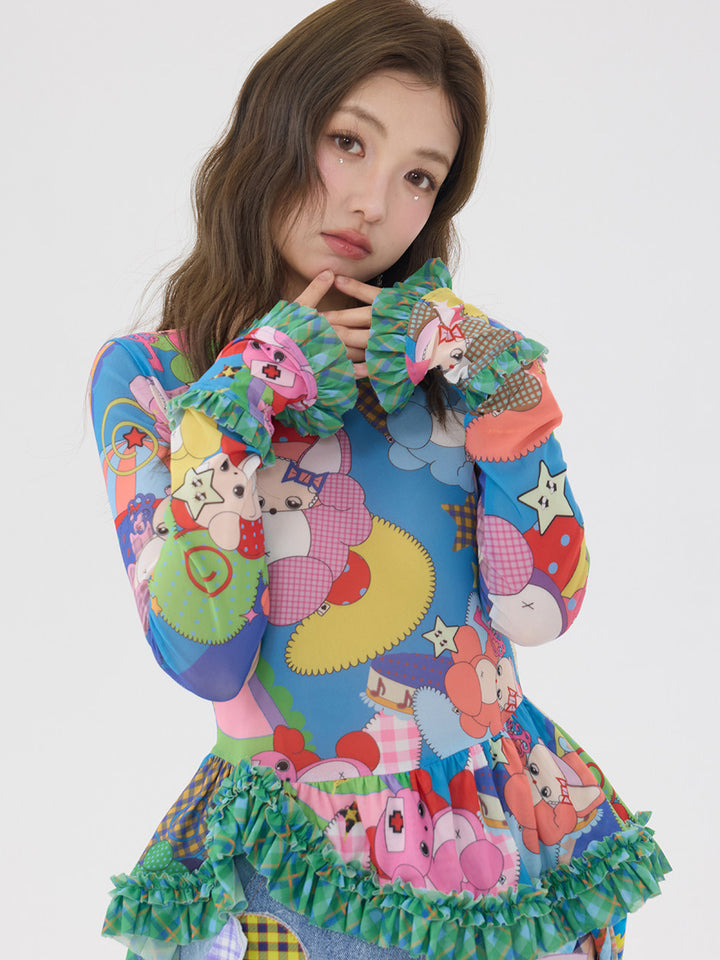 Colorful Cartoon Ruffle Layering Top