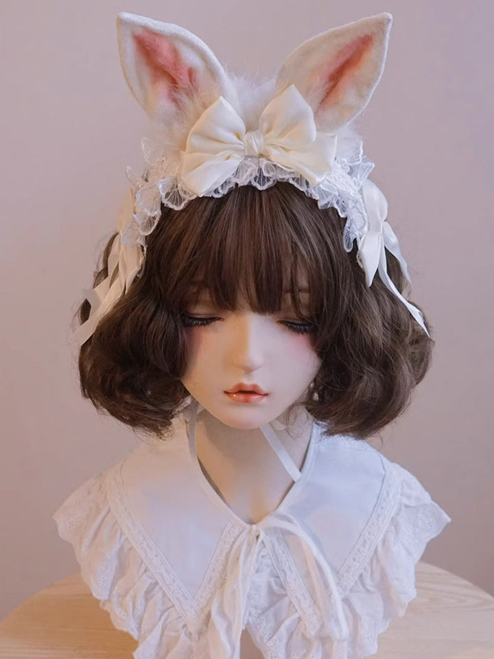Cream Bunny Ear Lace Headband Pair