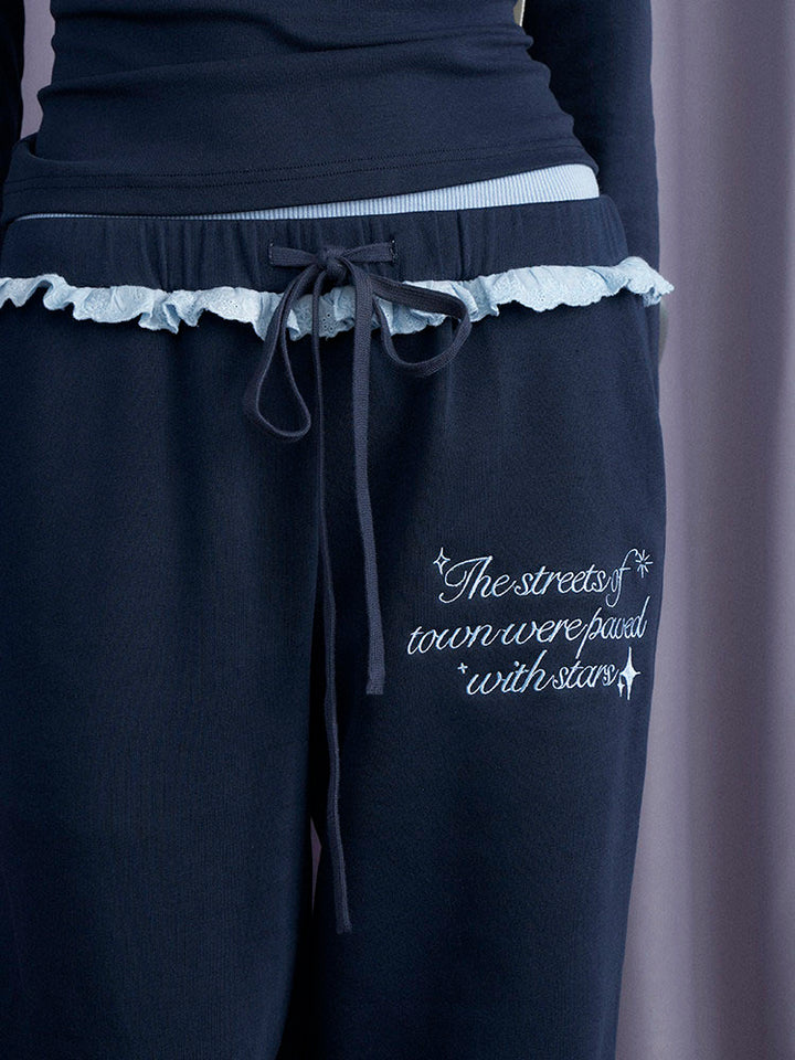 Navy Ruffle Waist Wide Leg Pants