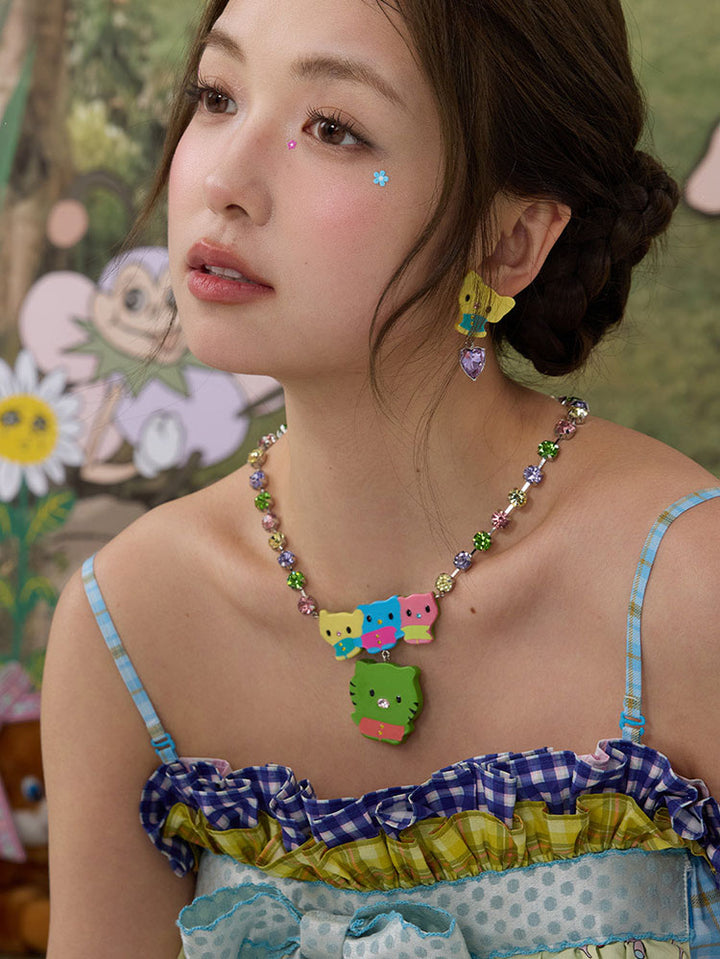 Pastel Kitty Rhinestone Necklace / Earrings