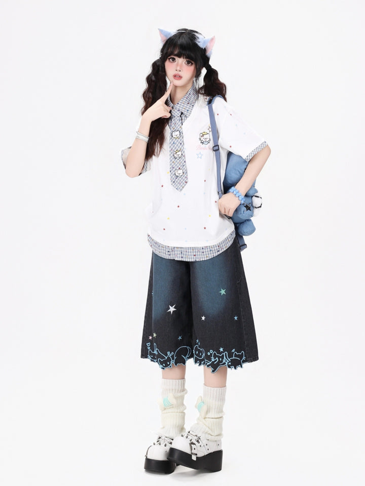 Star Print Collar Tie T Shirt