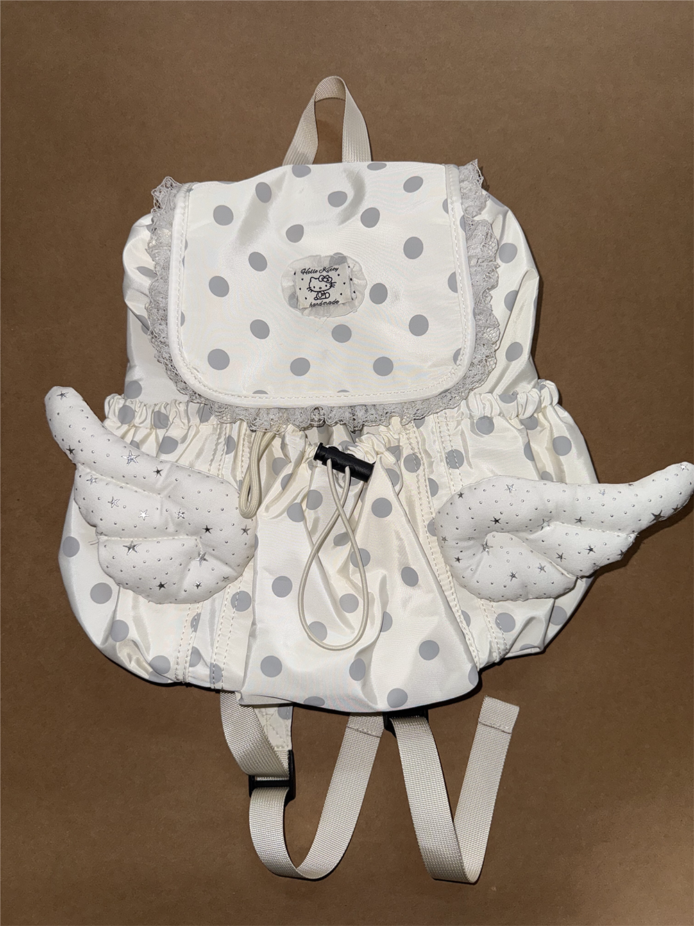 Cream Polka Dot Angel Wings Drawstring Backpack