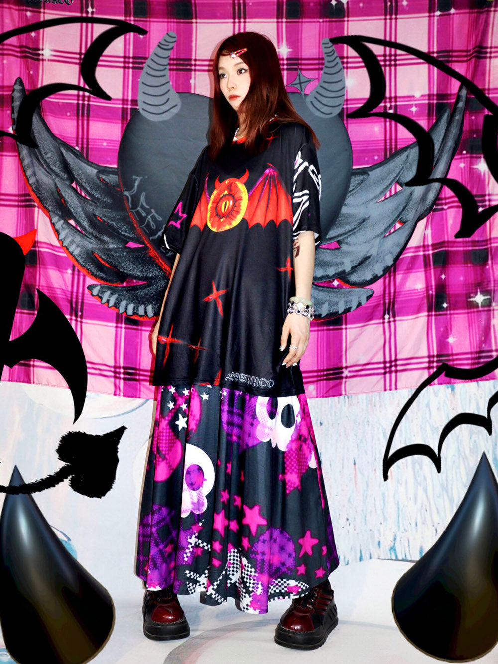 Black Pink Skull Plaid Gothic Maxi Dress