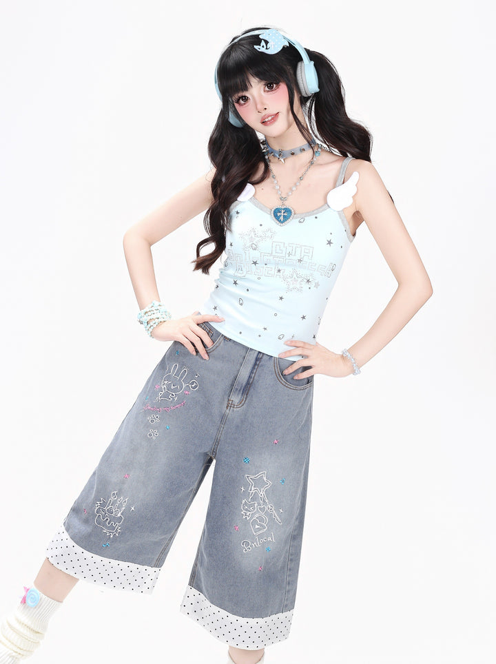 Kawaii Doodle Embroidered Cropped Wide Leg Jeans