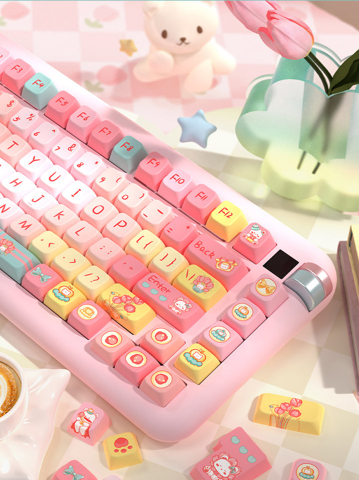Cartoon Tulip Bear Keycaps Set for Mechanical Keyboards
