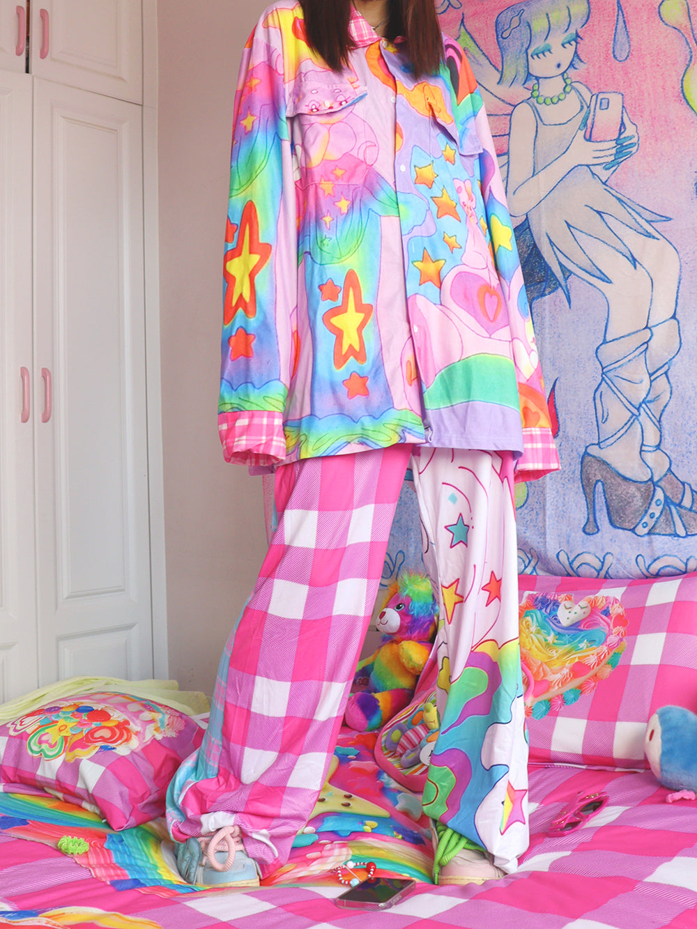 Mismatched Star Check Wide Leg Pants
