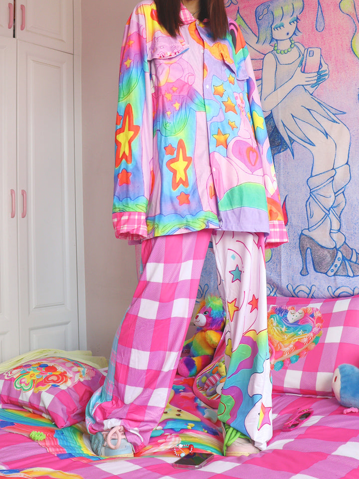 Mismatched Star Check Wide Leg Pants