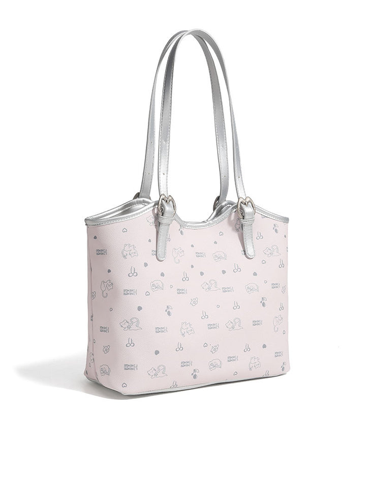 Large-capacity cat and floral print tote bag
