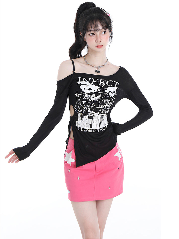 Korean Mesh Long-sleeved Thin Spring and Autumn Shoulder-baring Top