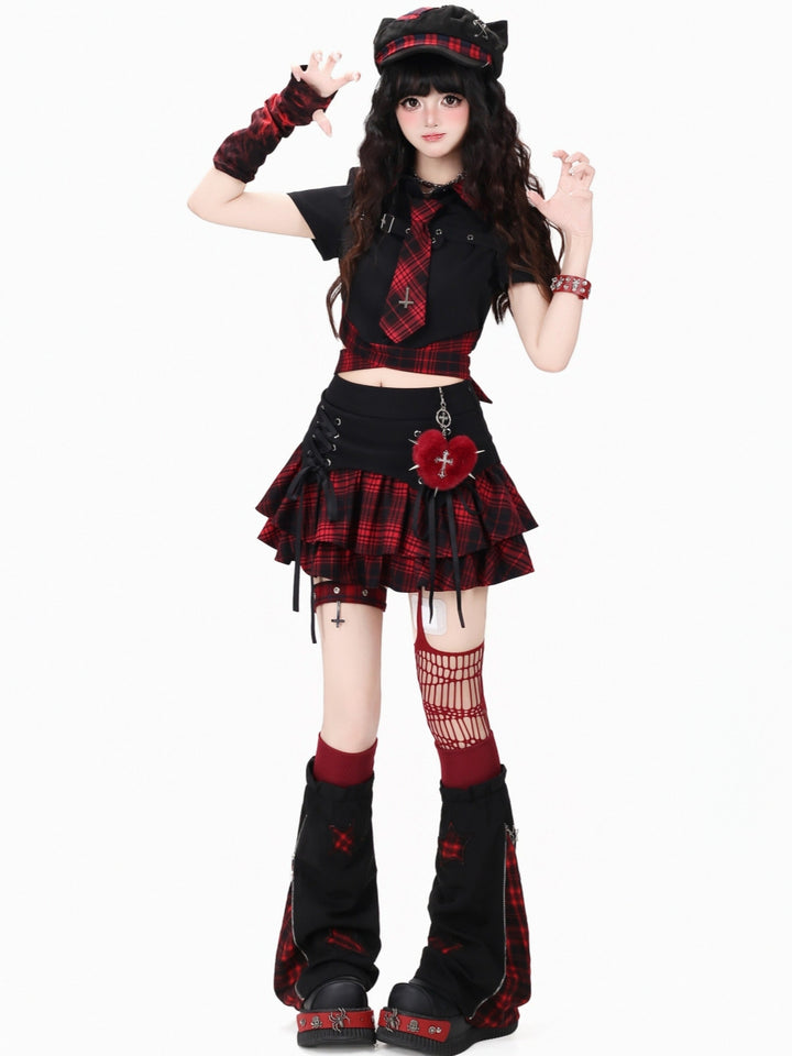 Plaid Tie Crop Top Ruffle Skirt
