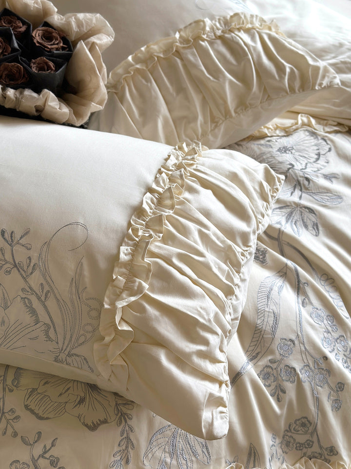 Floral Embroidery Ruffled Lace Cotton Bedding Set