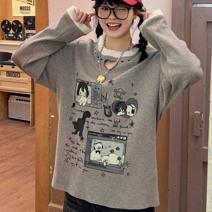 Playful Micro-Stretch Dual-Tone Printed Long-Sleeve T-Shirt