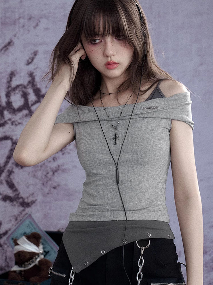 Subcul Grunge Off-Shoulder Asymmetric Ribbed Top