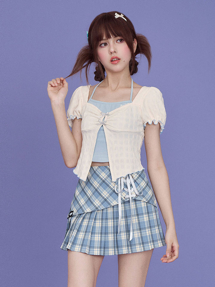 Blue Plaid Lace Up Pleated Skort