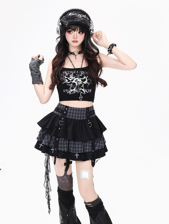 Plaid Cross Trim Tiered Mini Skirt