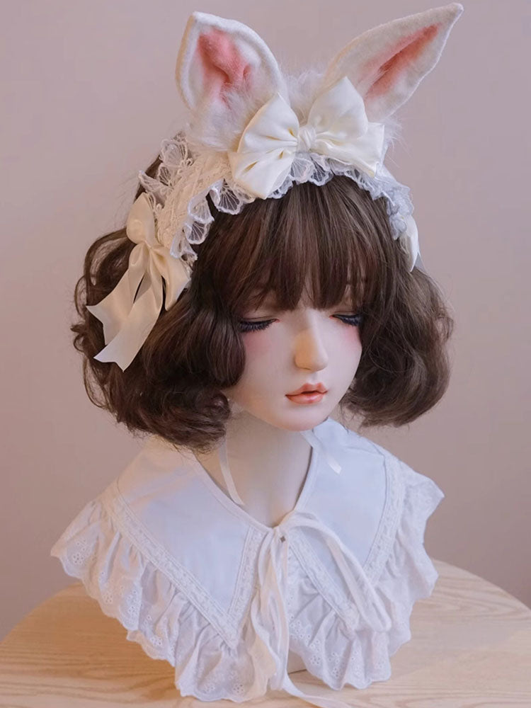 Cream Bunny Ear Lace Headband Pair