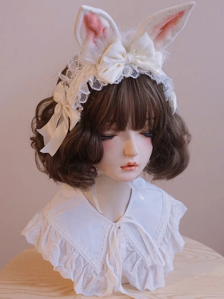 Cream Bunny Ear Lace Headband Pair