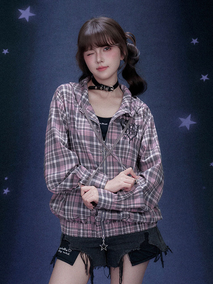 Jirai Plaid Star Zip Up Hoodie Jacket