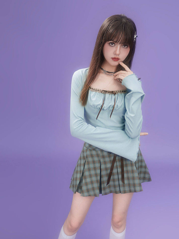 Blue Plaid Ribbon Tie Pleated Mini Skirt